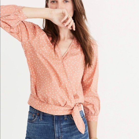 Madewell Tops - Madewell Coral Star Scatter Wrap Tie Crop Shirt